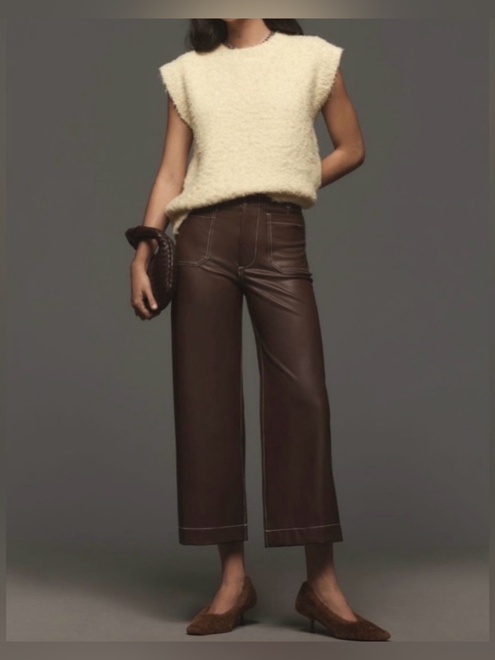 Worn Once - Maeve Cropped Faux-Leather Wide-Leg Jeans in Dark Brown